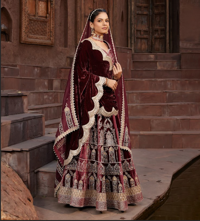 Maroon Embroidered Velvet Lehenga Set