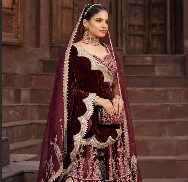 Maroon Embroidered Velvet Lehenga Set