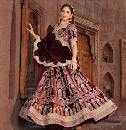 Maroon Embroidered Velvet Lehenga Set