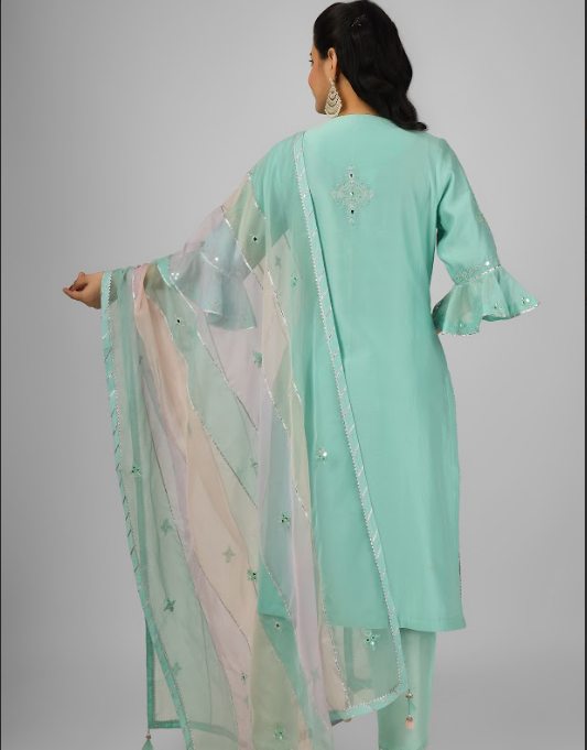 Sea Green Embroidered Silk Chanderi Kurta Set