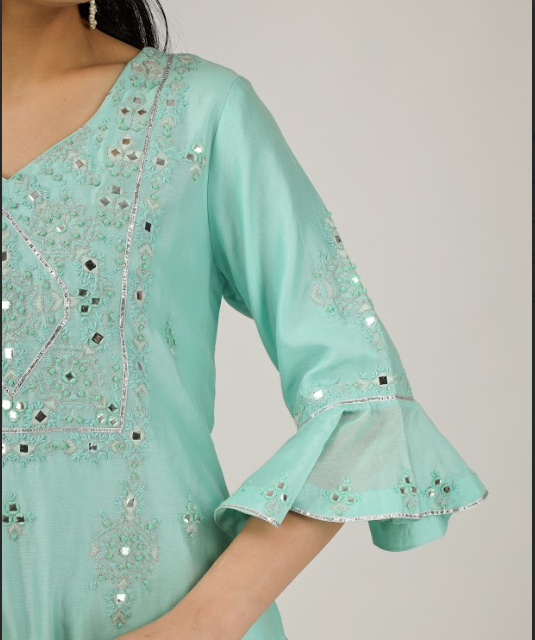 Sea Green Embroidered Silk Chanderi Kurta Set