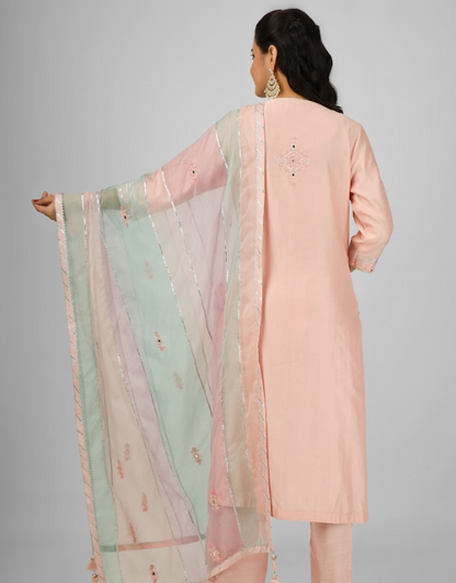 Peach Embroidered Silk Chanderi Kurta Set