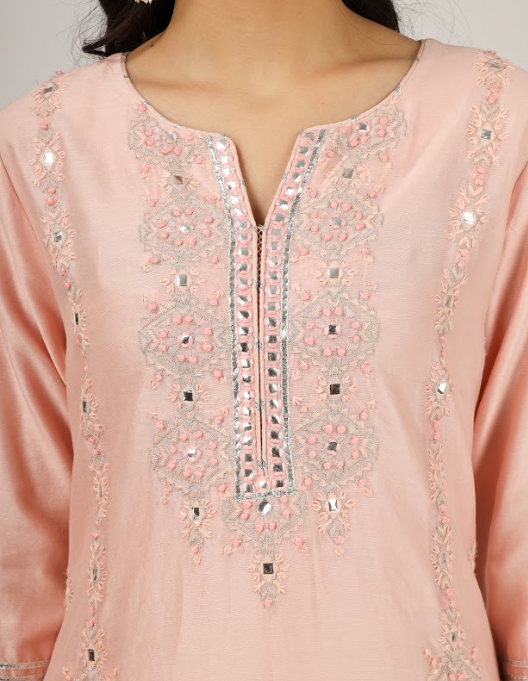 Peach Embroidered Silk Chanderi Kurta Set