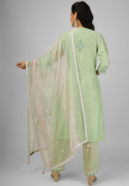 Lime Green Embroidered Silk Chanderi Kurta Set