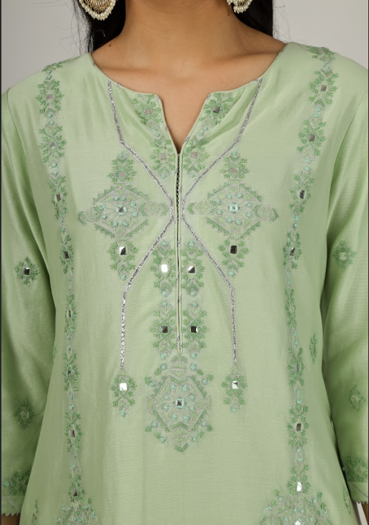 Lime Green Embroidered Silk Chanderi Kurta Set