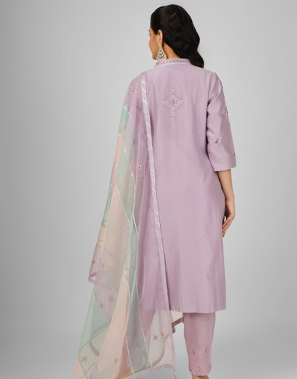 Mauve Embroidered Silk Chanderi Kurta Set