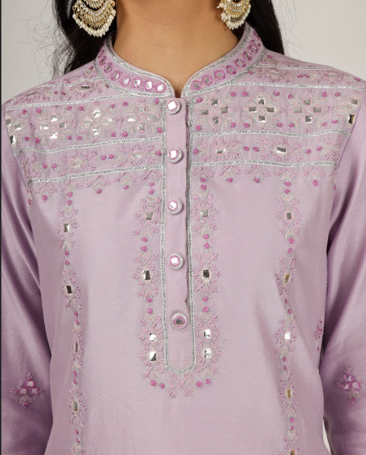 Mauve Embroidered Silk Chanderi Kurta Set