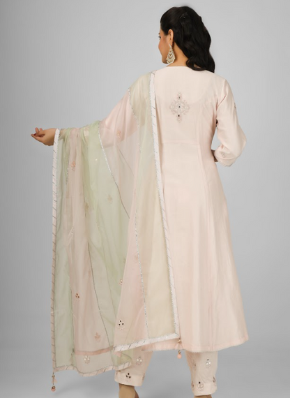 Peach Embroidered Silk Chanderi Kurta Set