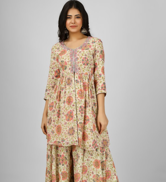 Printed Silk Georgette Kurta Sharara Set