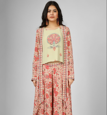 Printed Silk Georgette Jacket With Top And Palazzo Set