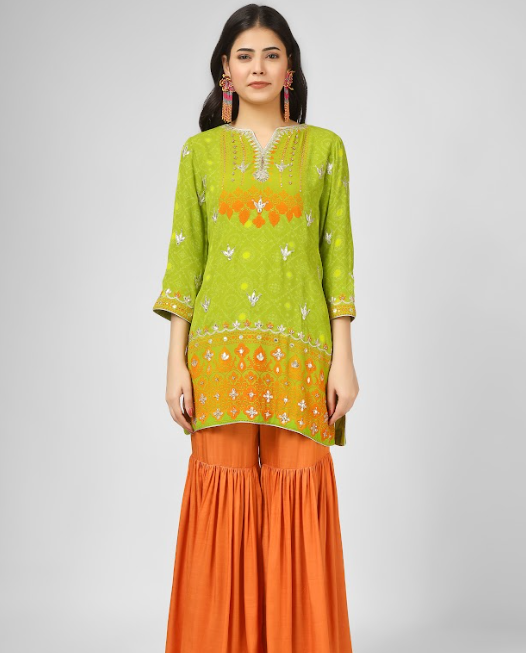 Printed Silk Georgette Kurta Sharara Set