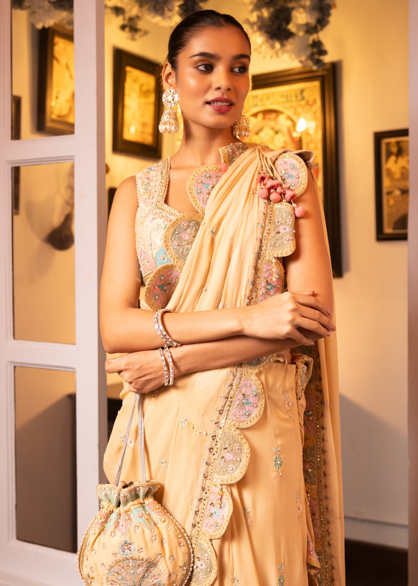 Beige Embroidered Silk Georgette Drape Saree Set