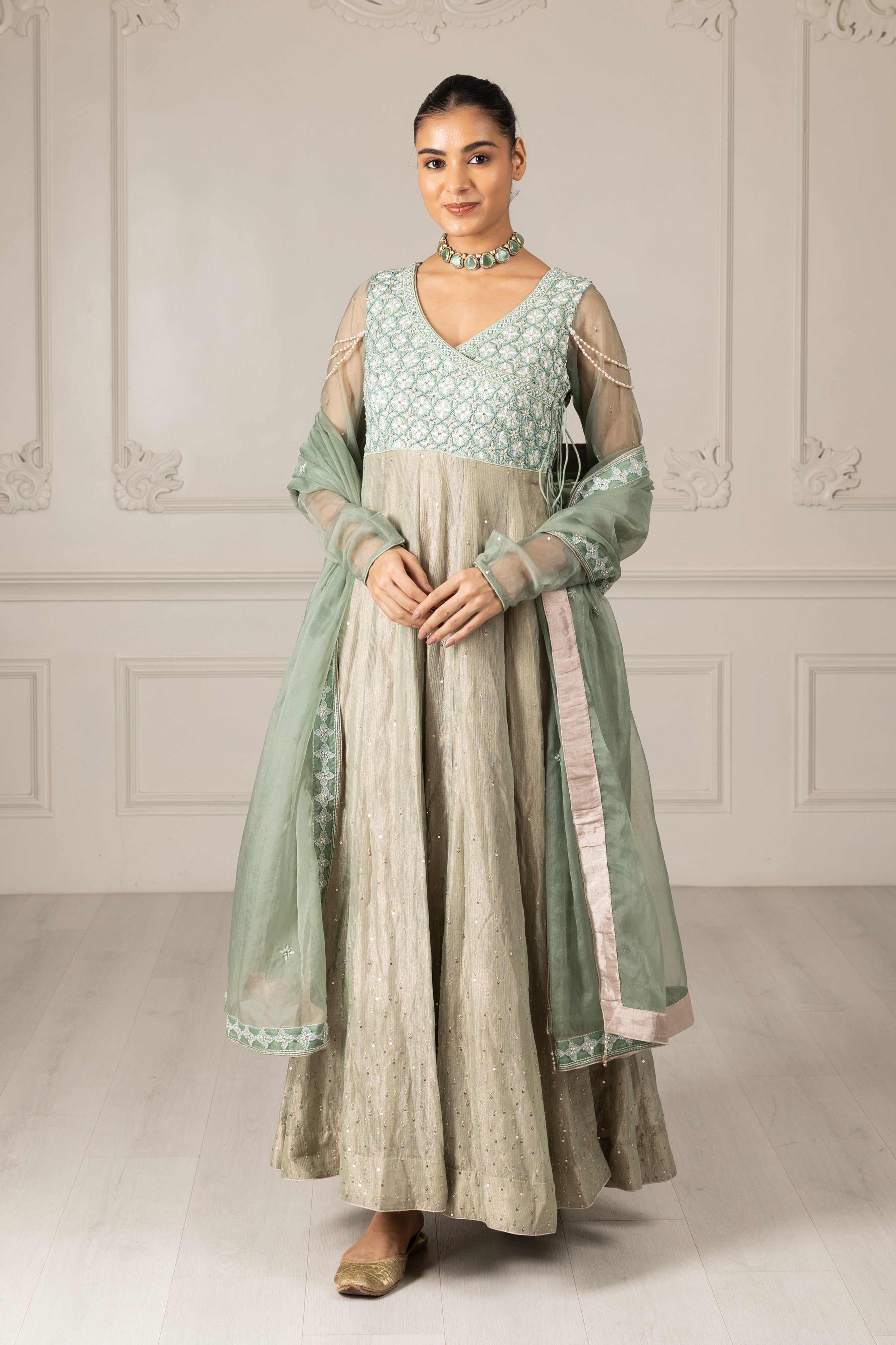 Tea Green Embroidered Stylised Anarkali Set