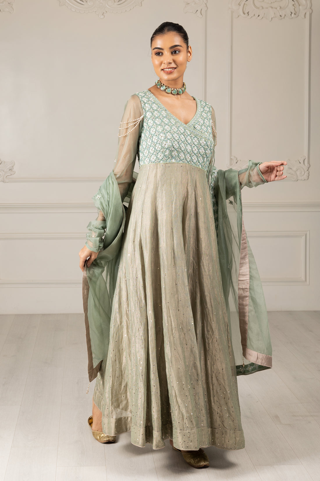 Tea Green Embroidered Stylised Anarkali Set