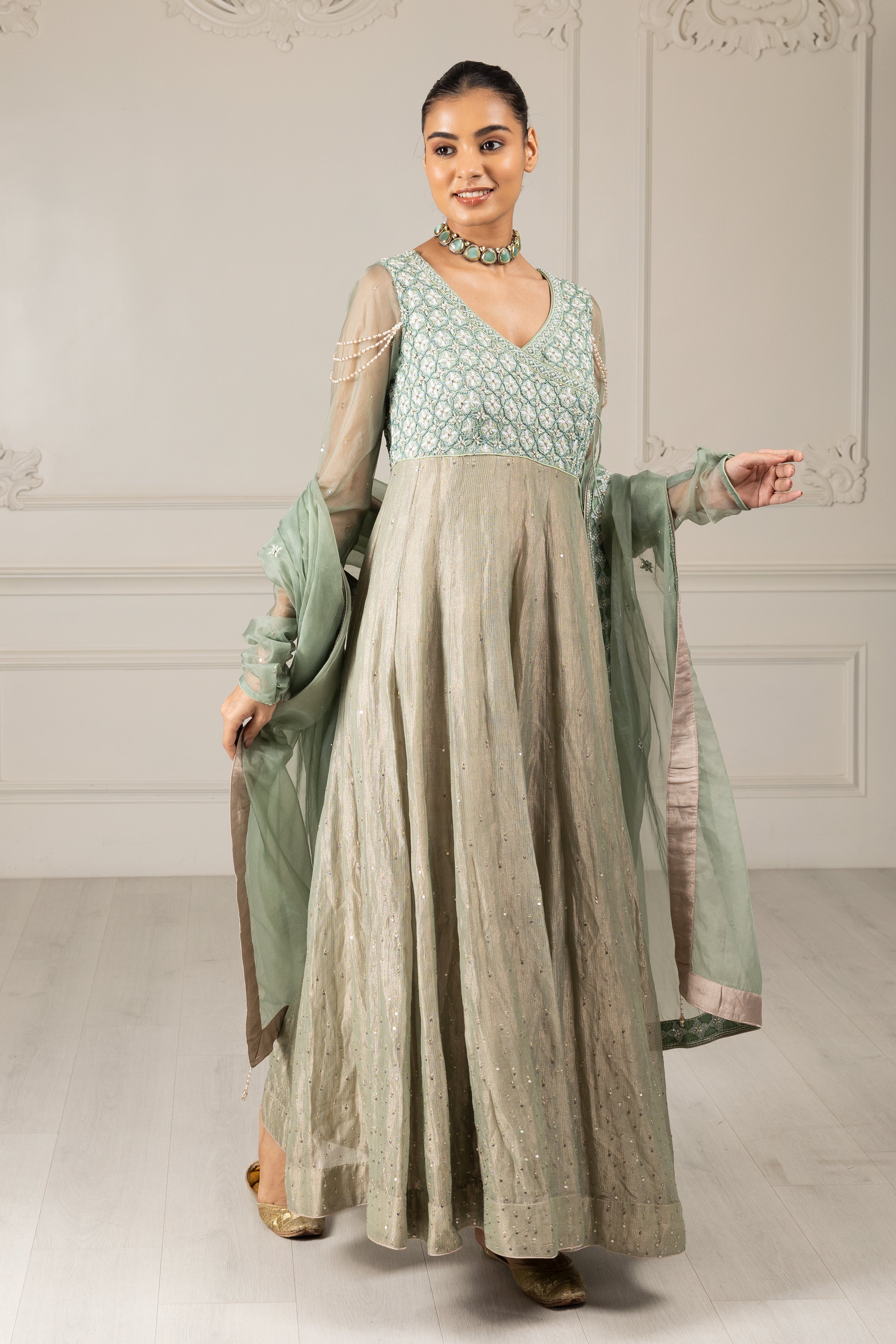 Tea Green Embroidered Stylised Anarkali Set