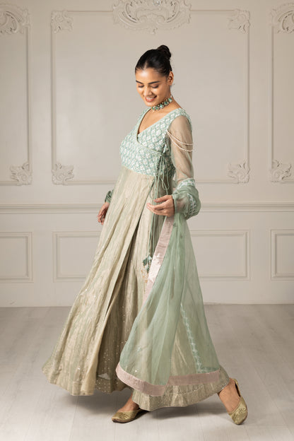 Tea Green Embroidered Stylised Anarkali Set