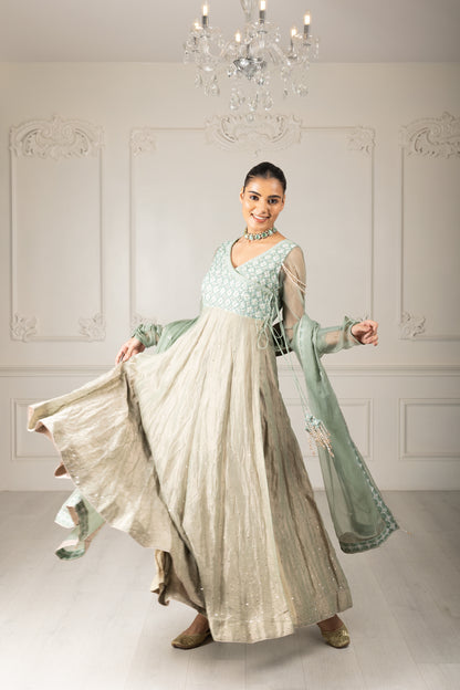 Tea Green Embroidered Stylised Anarkali Set