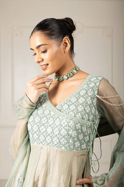 Tea Green Embroidered Stylised Anarkali Set