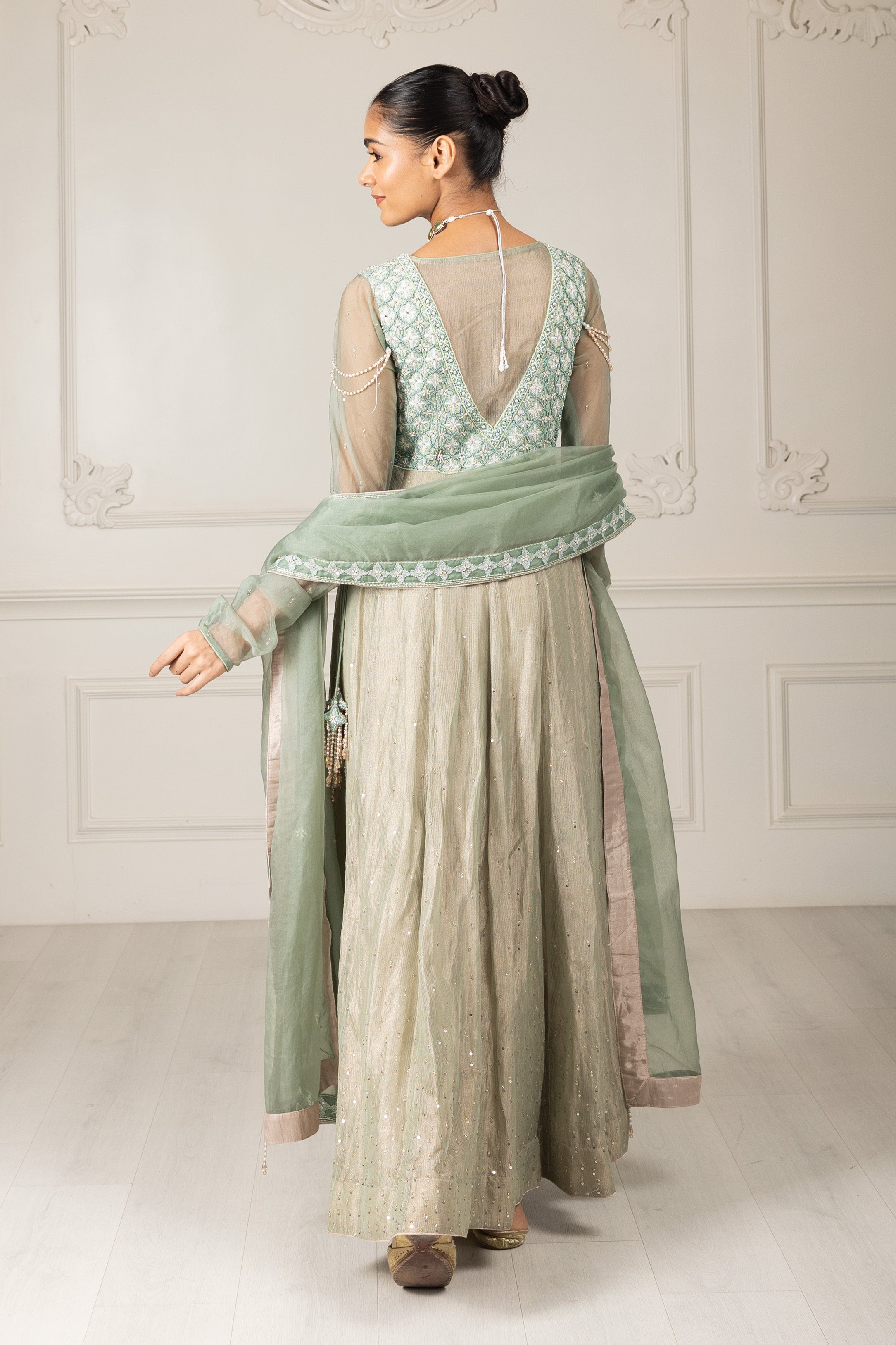 Tea Green Embroidered Stylised Anarkali Set