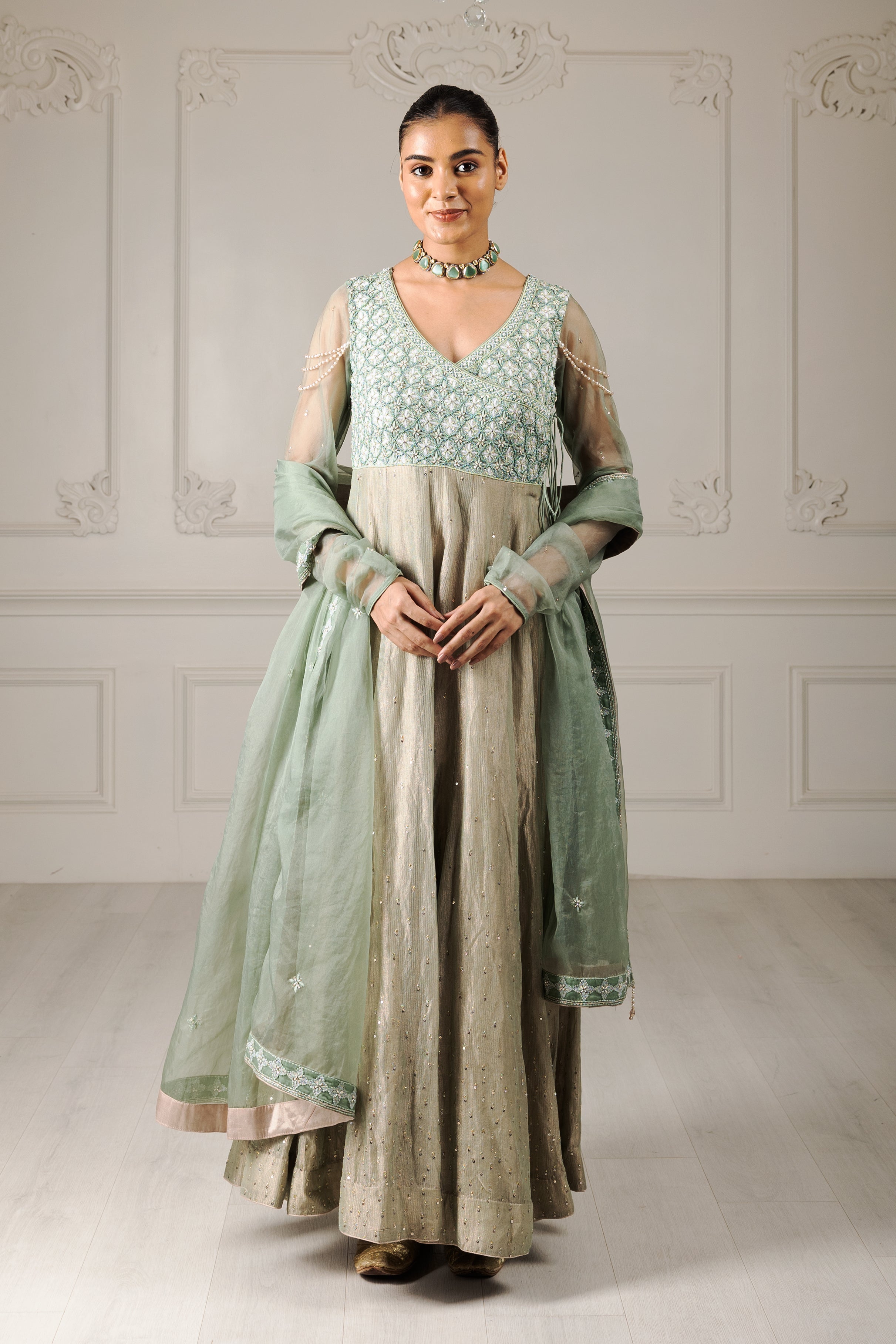 Tea Green Embroidered Stylised Anarkali Set