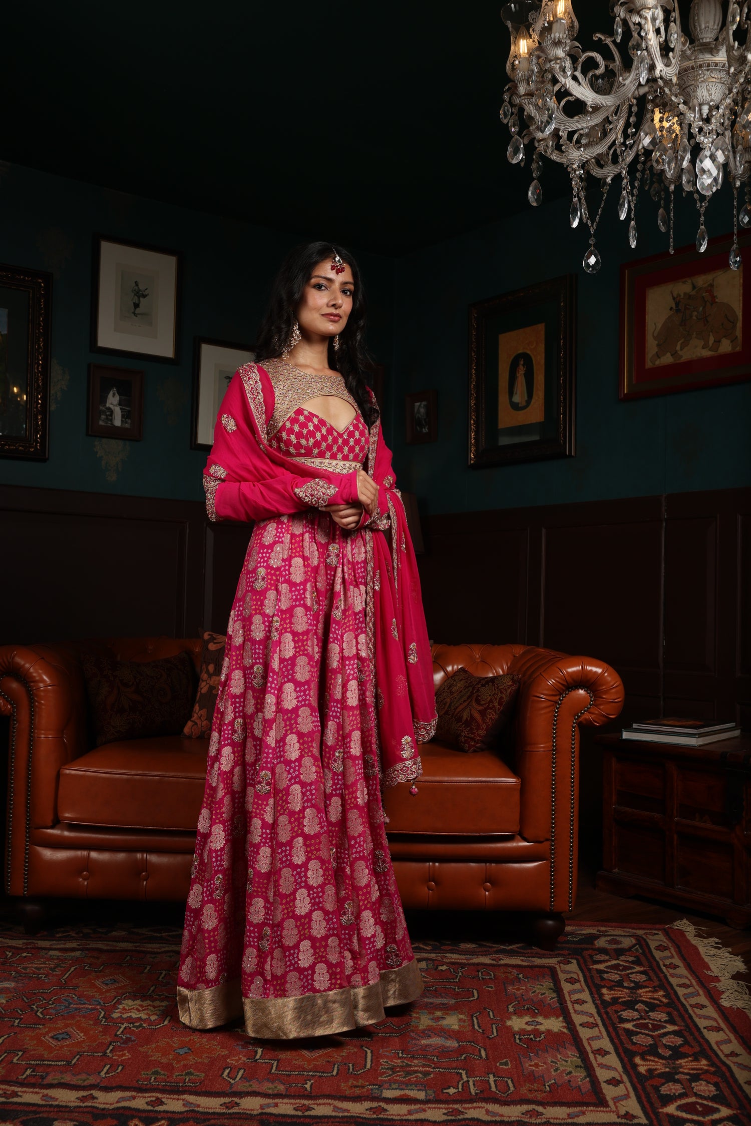 Bridal Pink Pure Silk Bandhej Hand Embroidered Kalidar and Dupatta Set