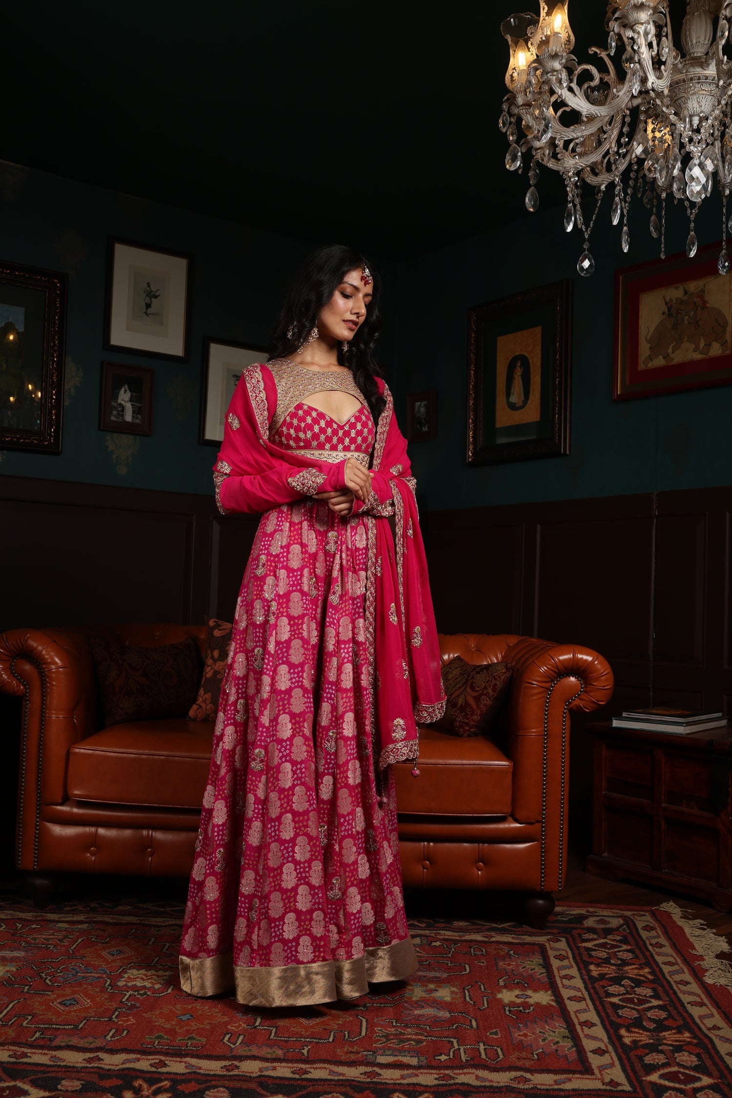 Bridal Pink Pure Silk Bandhej Hand Embroidered Kalidar and Dupatta Set