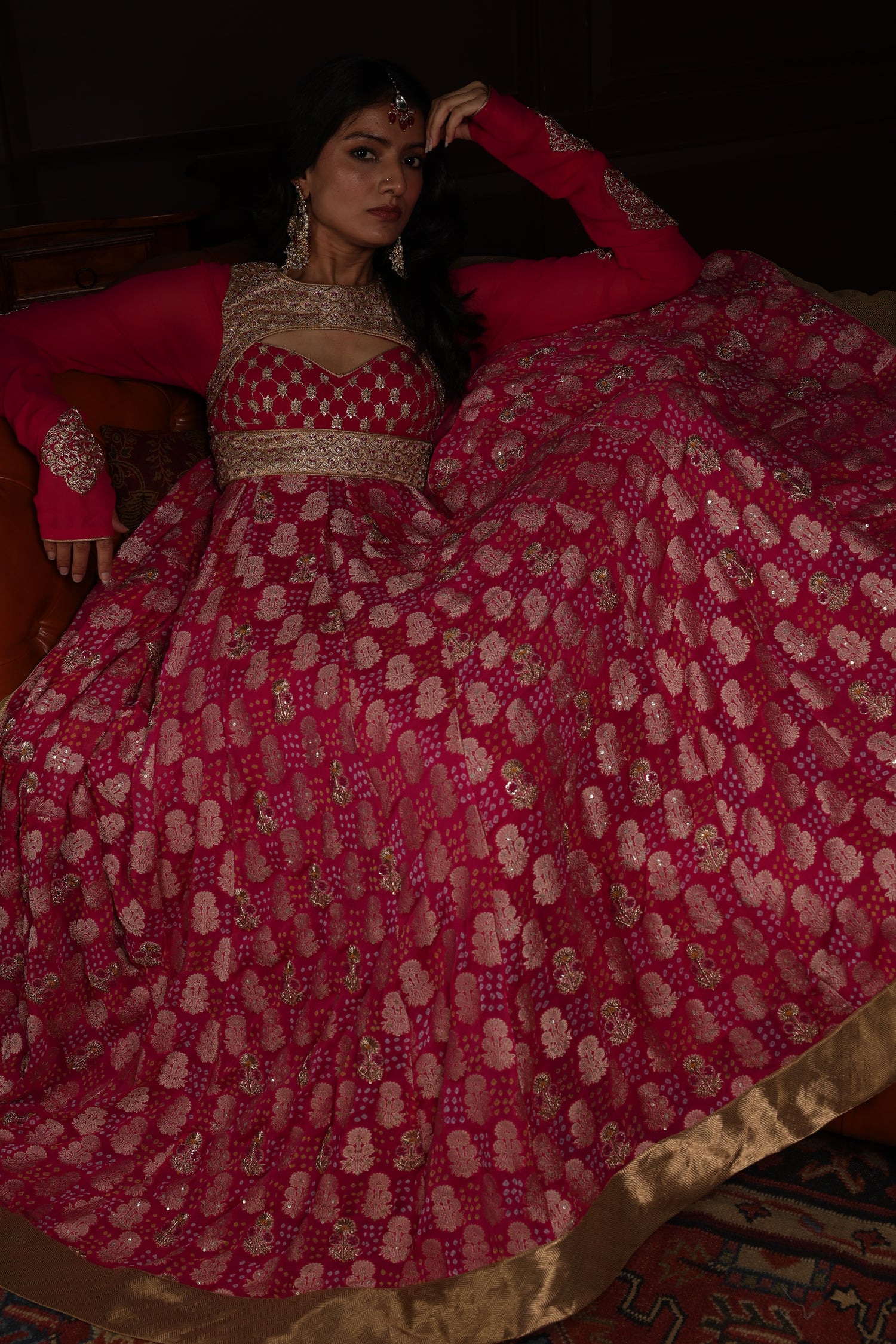 Bridal Pink Pure Silk Bandhej Hand Embroidered Kalidar and Dupatta Set