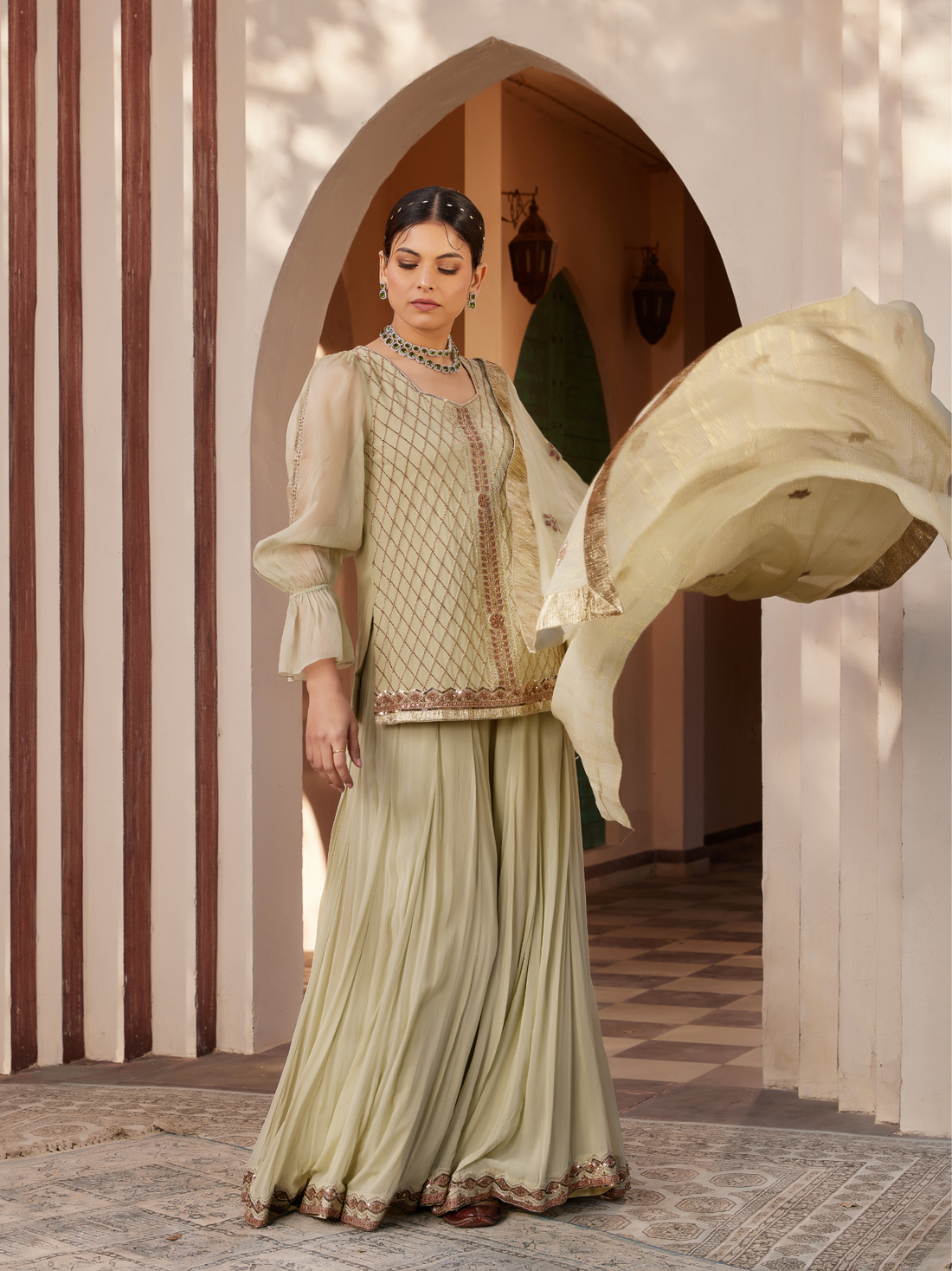 Pista Green Embroidered Kurta Sharara Set