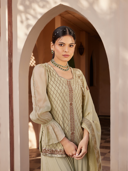 Pista Green Embroidered Kurta Sharara Set