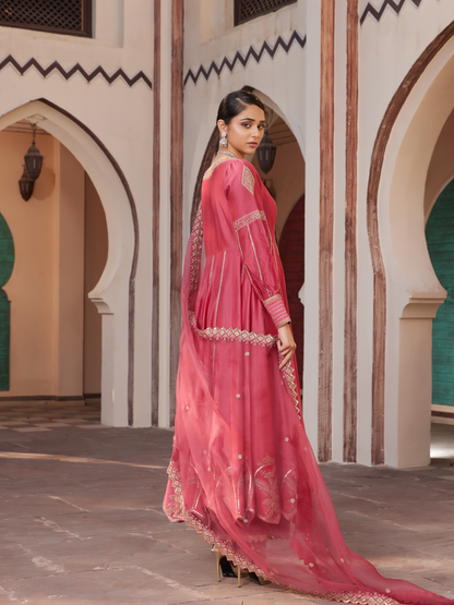 Red Embroidered Chanderi Anarkali Set