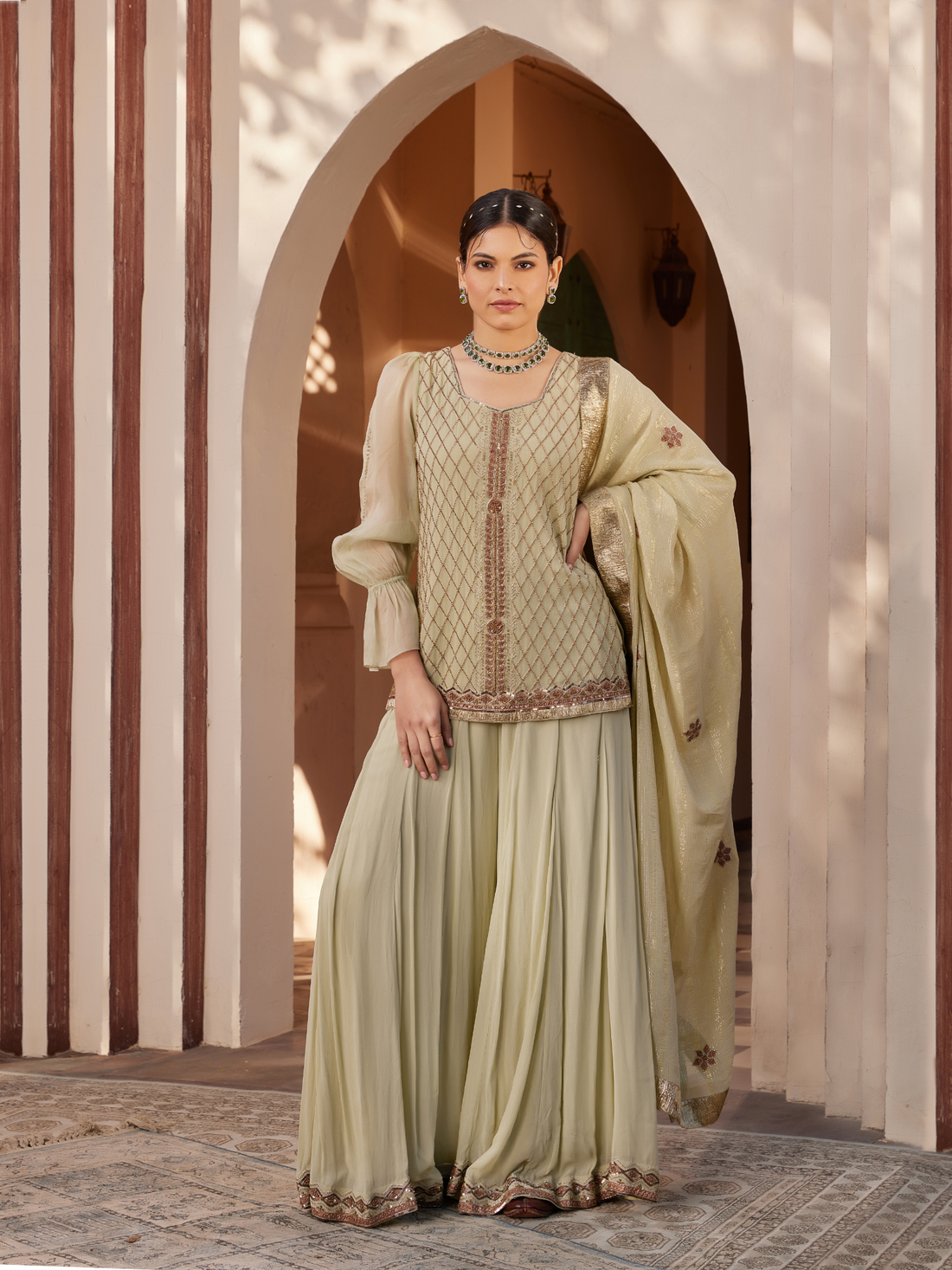 Pista Green Embroidered Kurta Sharara Set