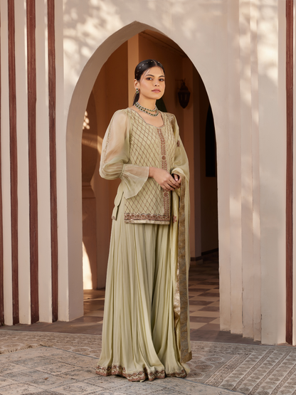 Pista Green Embroidered Kurta Sharara Set