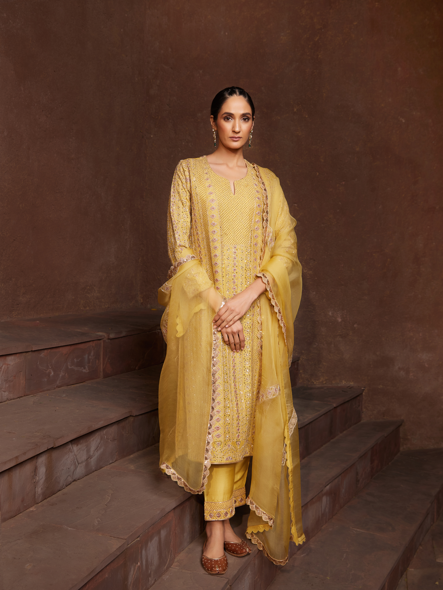 Mustard Embroidered Crepe Kurta Set