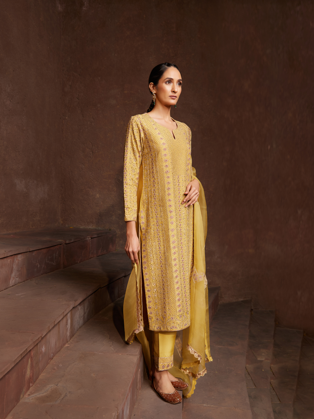 Mustard Embroidered Crepe Kurta Suit Set