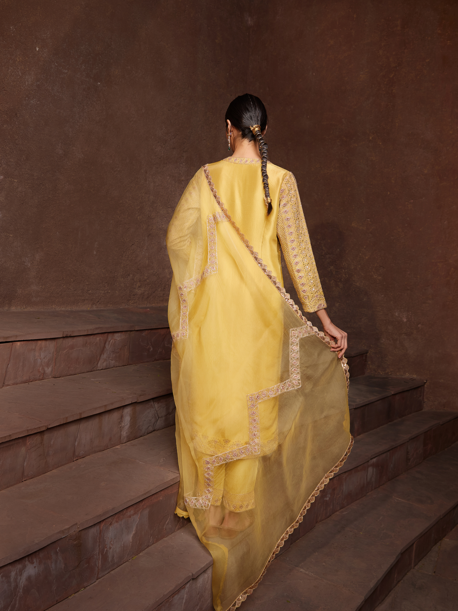 Mustard Embroidered Crepe Kurta Set