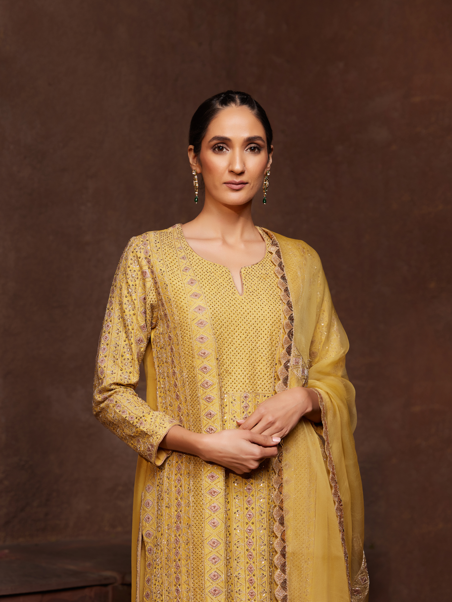 Mustard Embroidered Crepe Kurta Set