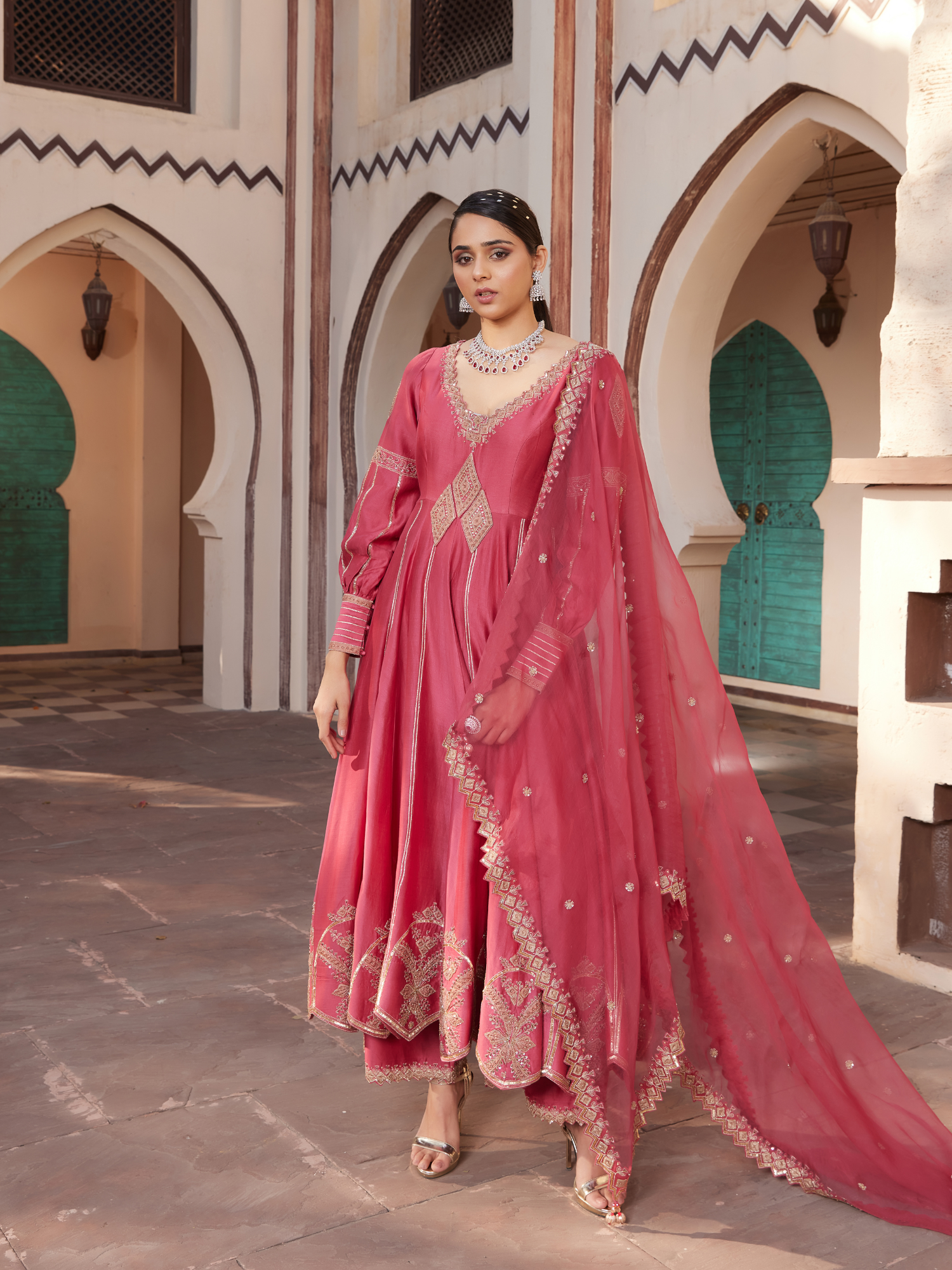 Red Embroidered Chanderi Anarkali Set