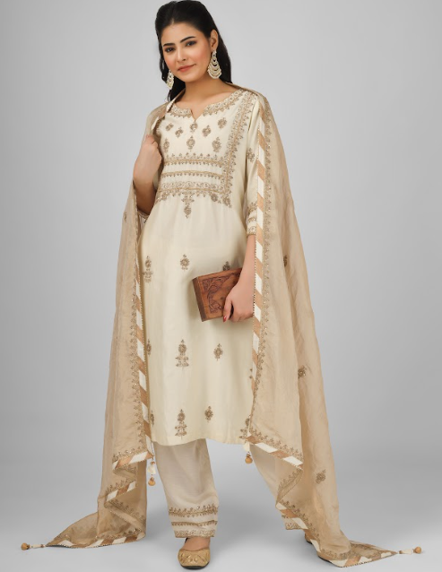 Off White Embroidered Silk Chanderi Kurta Set