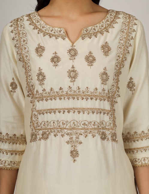 Off White Embroidered Silk Chanderi Kurta Set