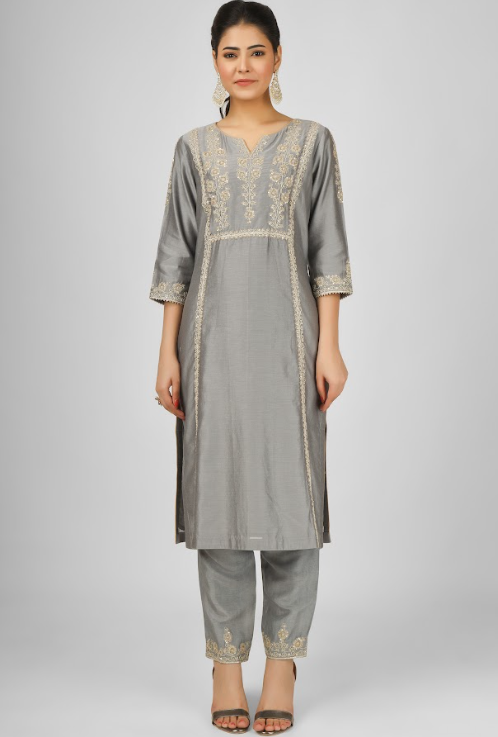 Grey Embroidered Silk Chanderi Kurta Set