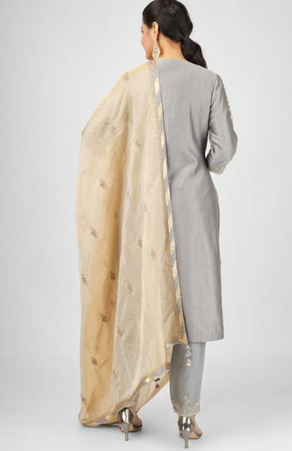 Grey Embroidered Silk Chanderi Kurta Set