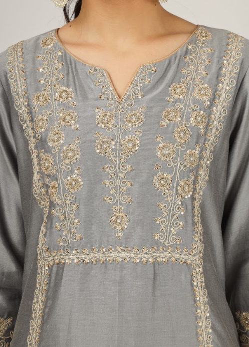 Grey Embroidered Silk Chanderi Kurta Set