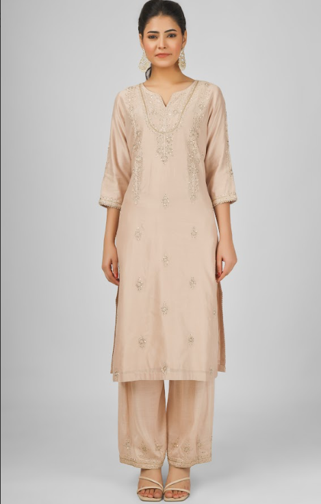 Peach Embroidered Silk Chanderi Kurta Set