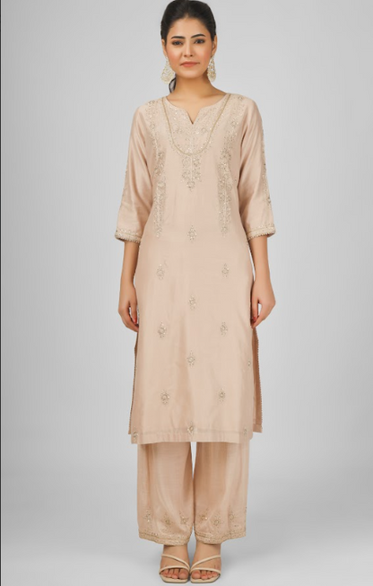 Peach Embroidered Silk Chanderi Kurta Set