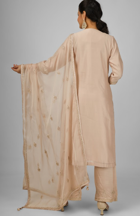 Peach Embroidered Silk Chanderi Kurta Set