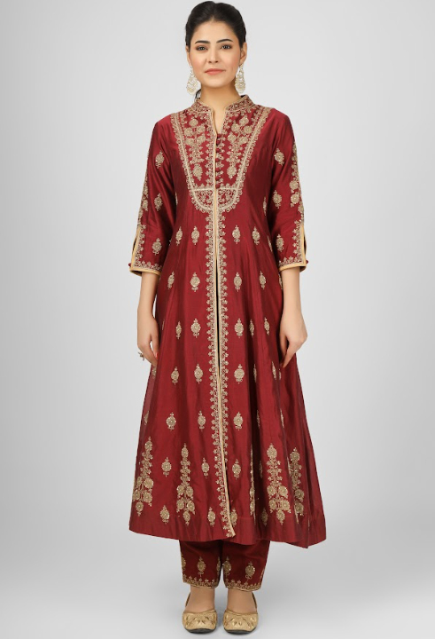 Maroon Embroidered Silk Chanderi Anarkali Set