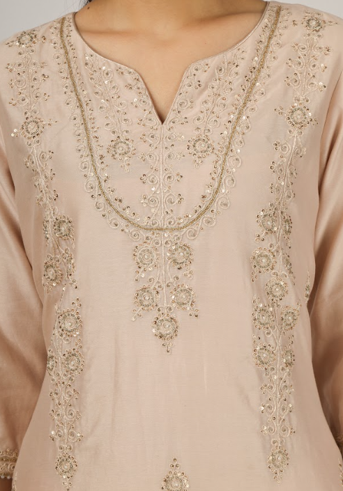 Peach Embroidered Silk Chanderi Kurta Set