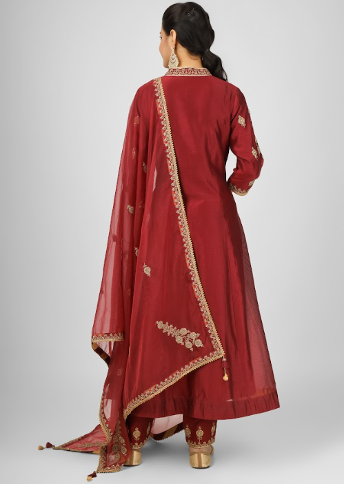 Maroon Embroidered Silk Chanderi Anarkali Set