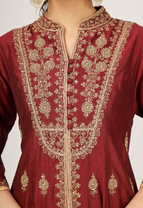 Maroon Embroidered Silk Chanderi Anarkali Set