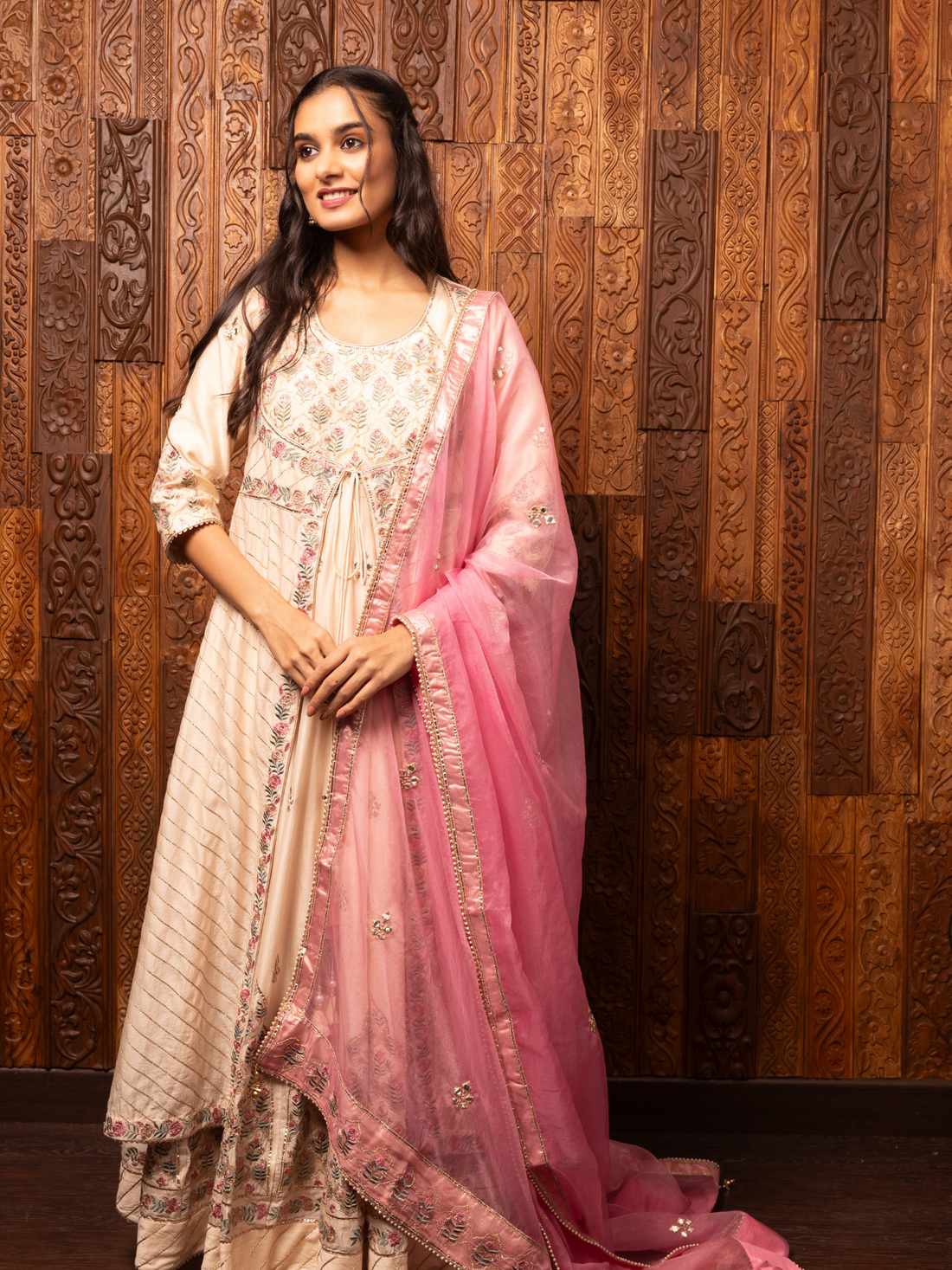 Pink Embroidered Silk Chanderi Kalidar Set